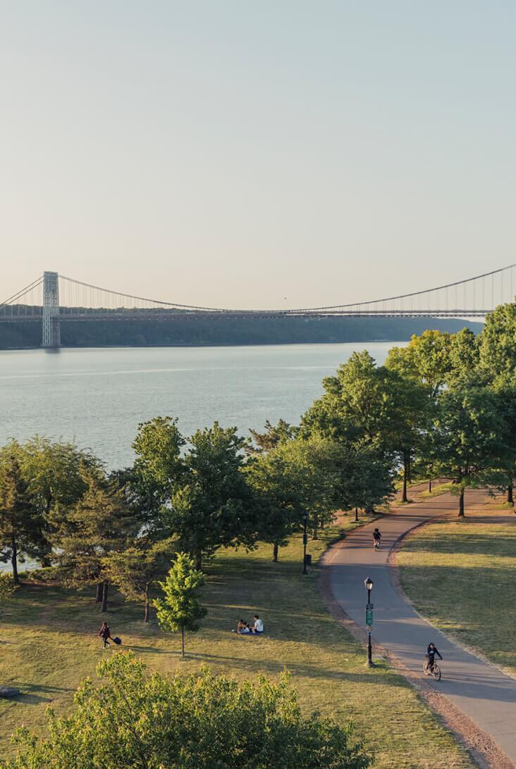 View of George Washington Bridge from Hamilton Heights overlooking River Bank State Park near 463 W 142 Condominium in NYC.