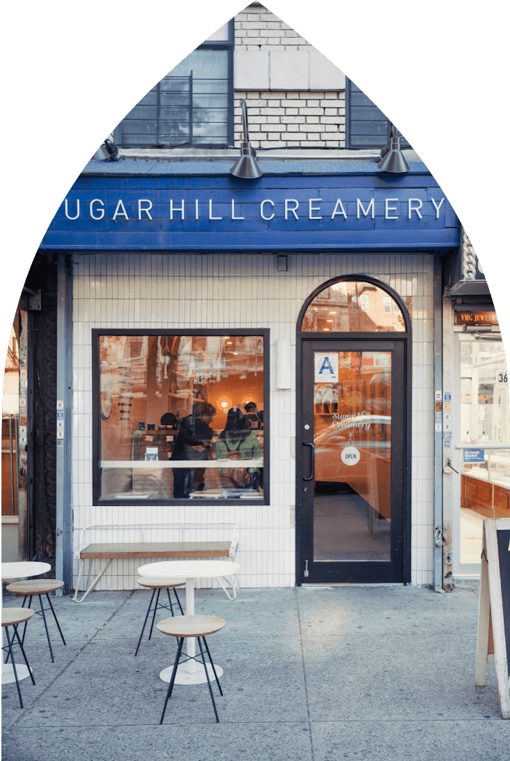 Storefront of Sugar Hill Creamery ice cream shop in Hamilton Heights Harlem near 463W142.